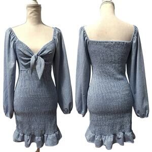 MABLE Blue Gingham Smocked Bodycon Mini Dress Women’s S Long Sleeve Ruffle Hem